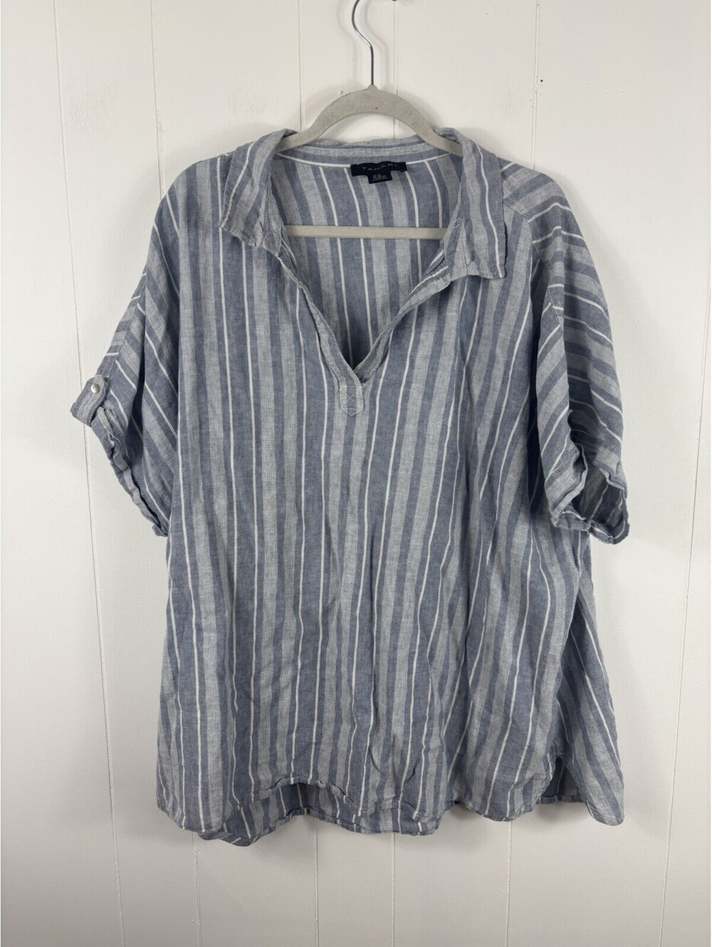 Tahari Womens Linen Tunic Top V Neck 3/4 Sleeve Striped Plus Size 3X Coastal
